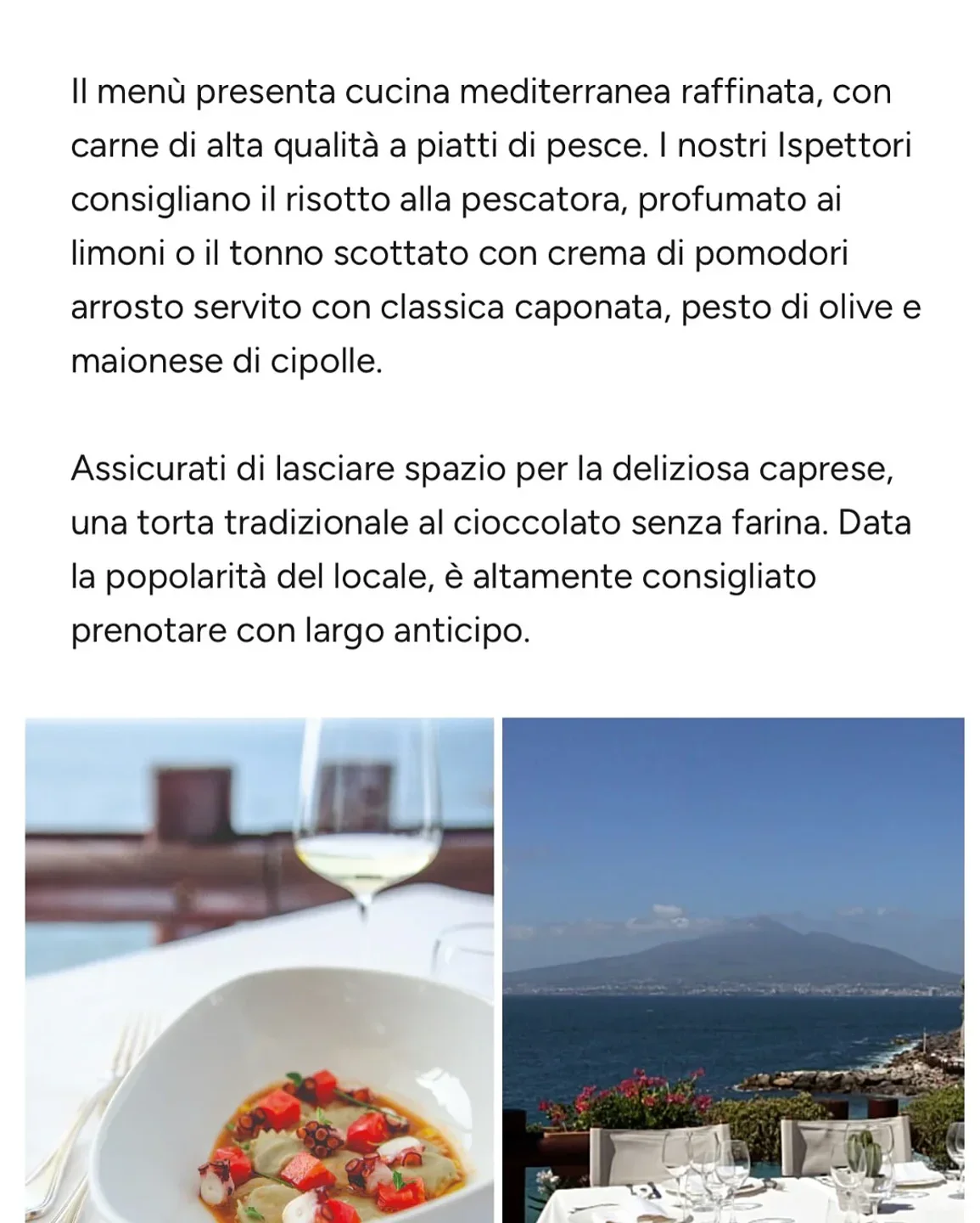Gourmet seafood dish and scenic coastal view at Il Bikini beach club on the Amalfi Coast.