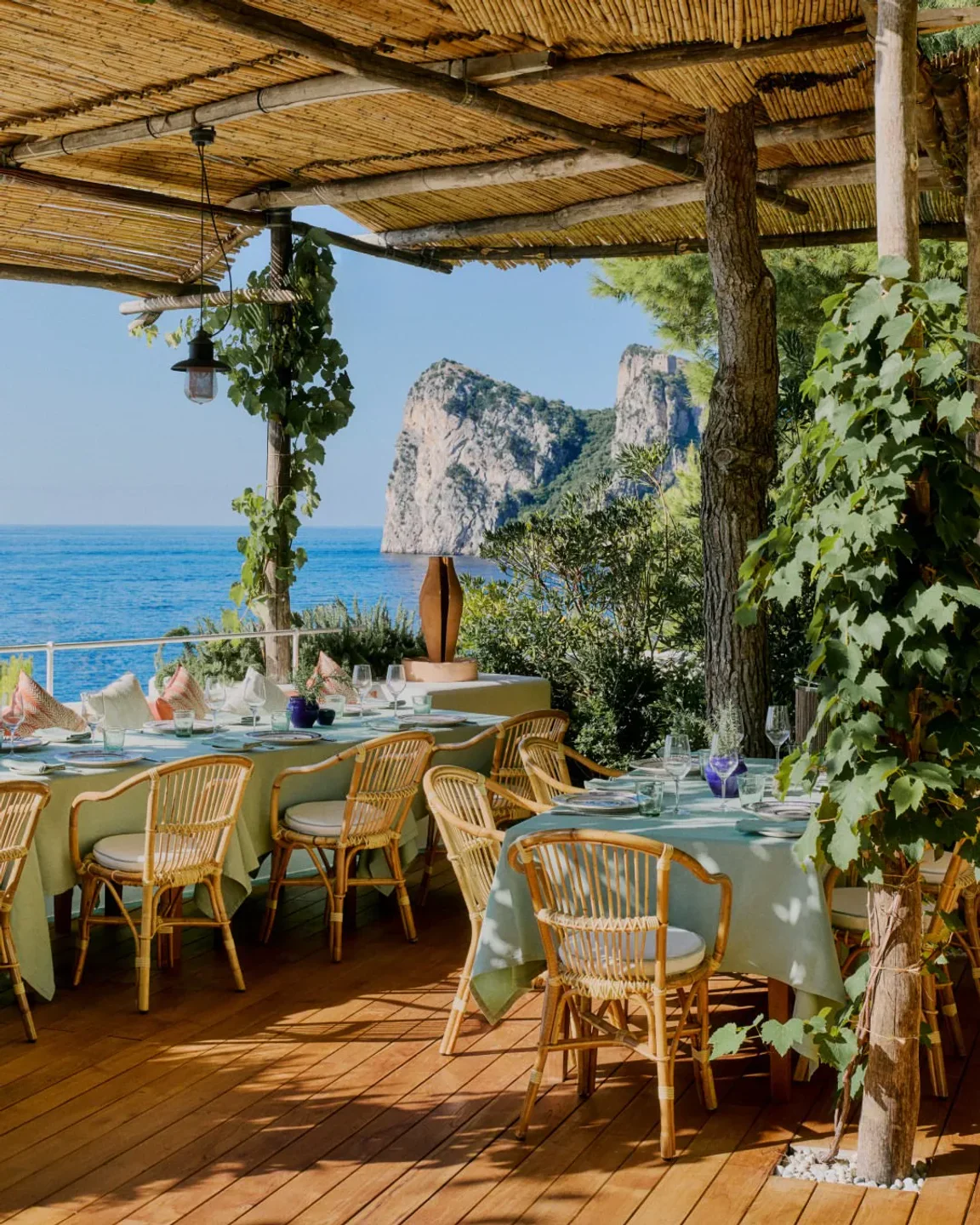 Le Sirenuse Mare restaurant tables set with stunning sea views on the Amalfi Coast